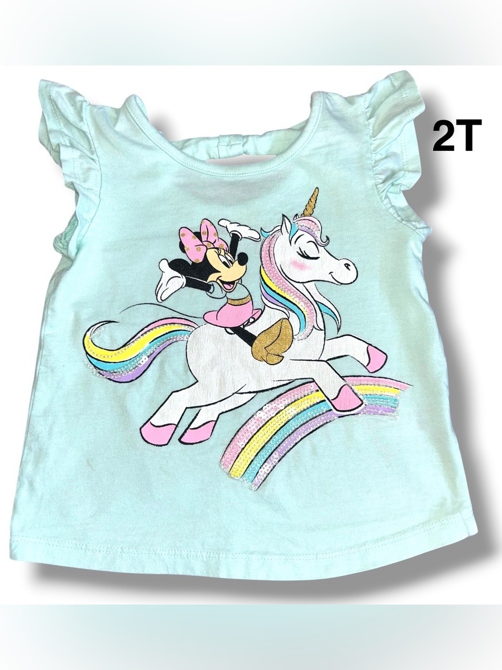 Disney Minnie Mouse Unicorn Tee - Light Aqua with Pastel Rainbow Size 2T